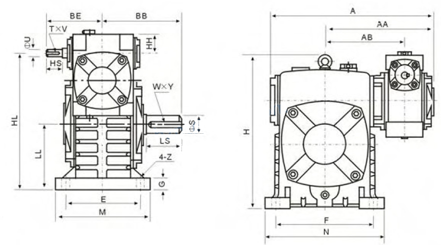 Double Stage Worm Gearboxes Drawing