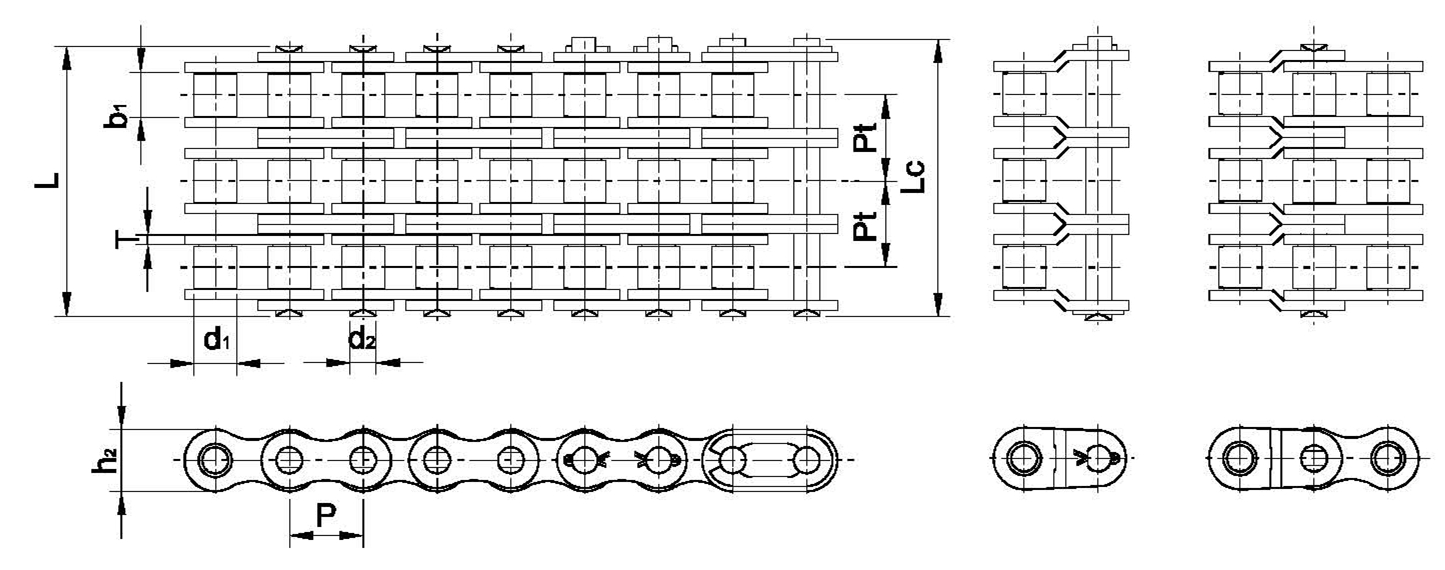 A series triple strand short pitch roller chains Dimensional parameters