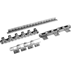 Double pitch conveyor chains with special attachments