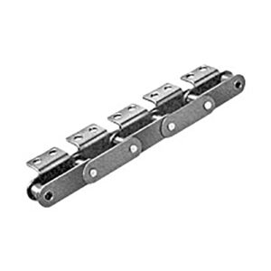 Double pitch transmission chains with attachments